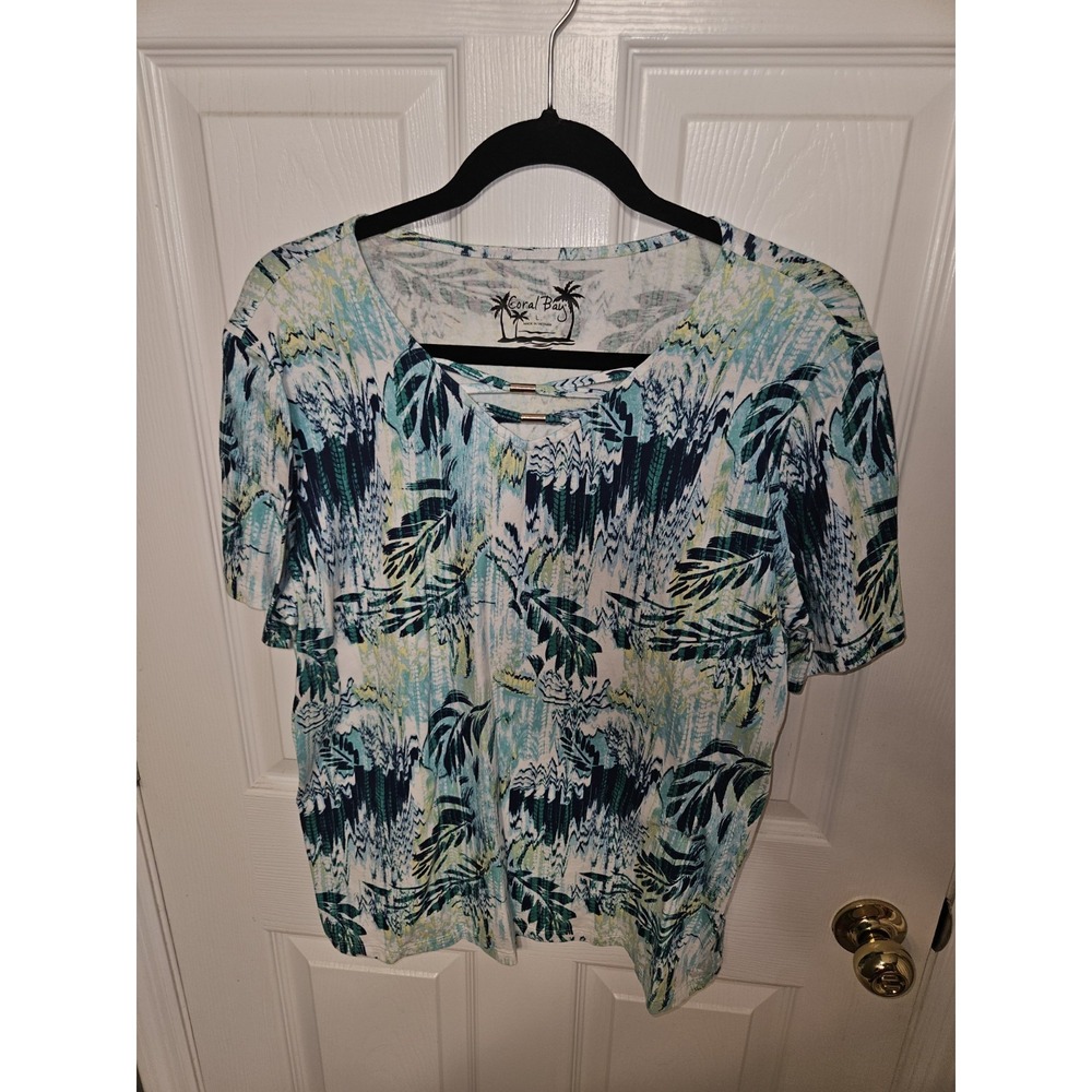 Coral Bay Women's Large Floral Blouse Blue Yellow Leaf Print Short Sleeve
